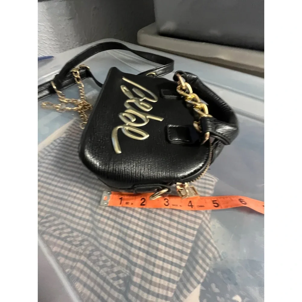 Bebe Black Mini Dome‎ Satchel Crossbody Bag Gold Logo Chain Textured Handbag